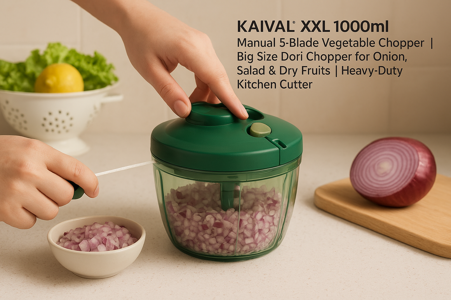 KAIVAL® XXL 1000ml Manual 5-Blade Vegetable Chopper | Big Size Pull-Cord Dori Chopper (Green)